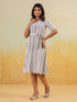 Janasya Women's White & Blue Cotton Striped Button Down A-line Dress
